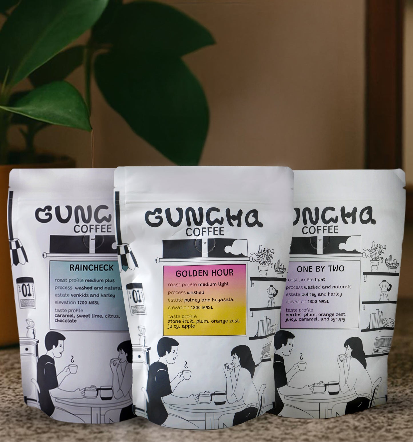 Three GUNCHA Coffee bags on a surface with a plant in the background